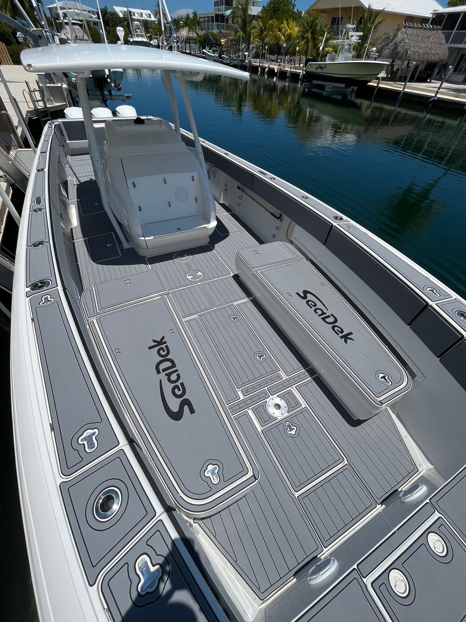 Gray SeaDek deck layout on a center console boat.