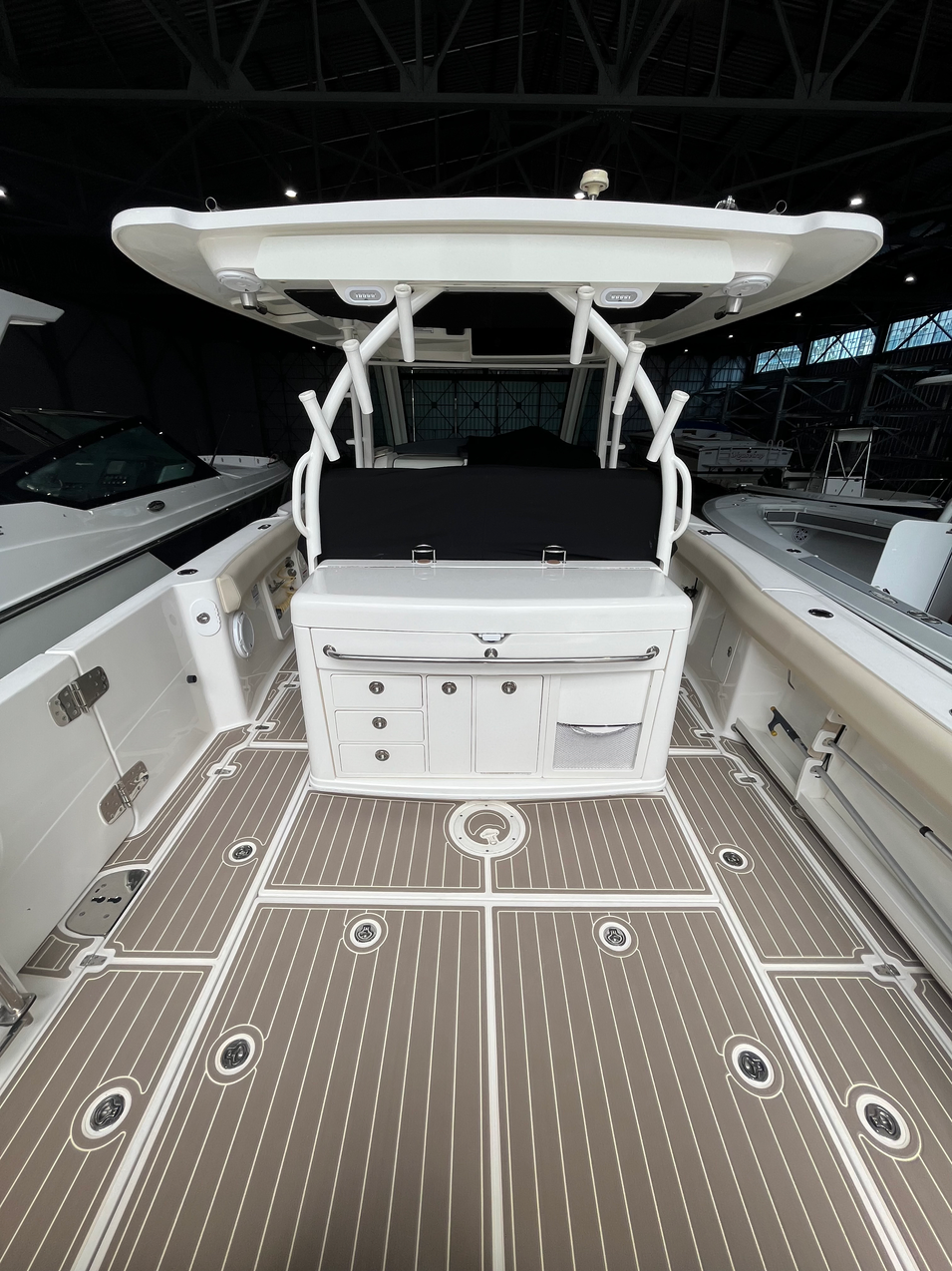 Custom SeaDek boat flooring installed throughout the cockpit, providing non slip traction and comfort underfoot