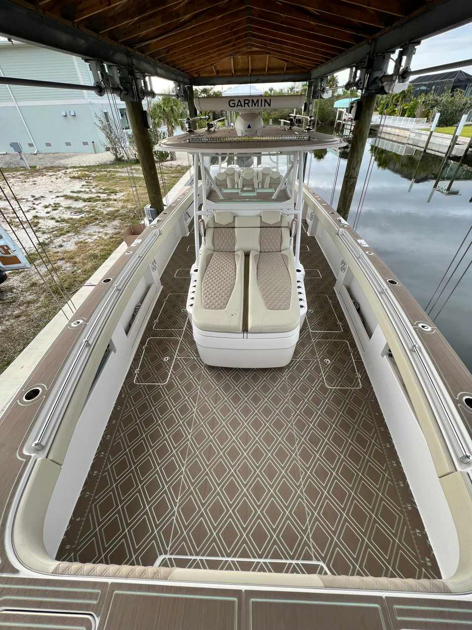 Center Console with a custom designed Cappuccino over Mica SeaDek kit. The SeaDek Design Options Are Endless.