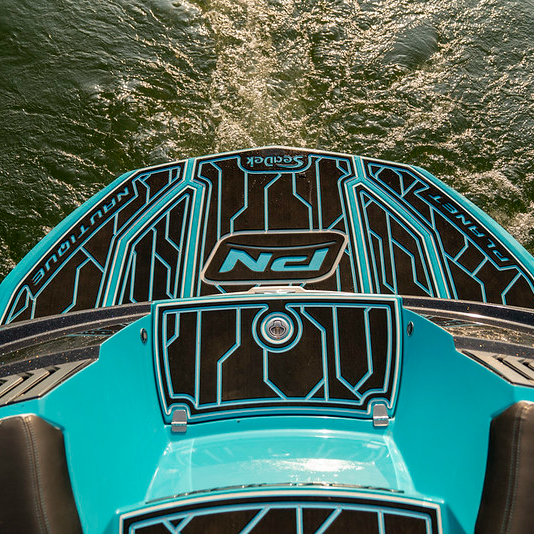 Custom SeaDek marine flooring with blue and black pattern on Nautique boat by MarineDex in Florida. seadek lifespan florida