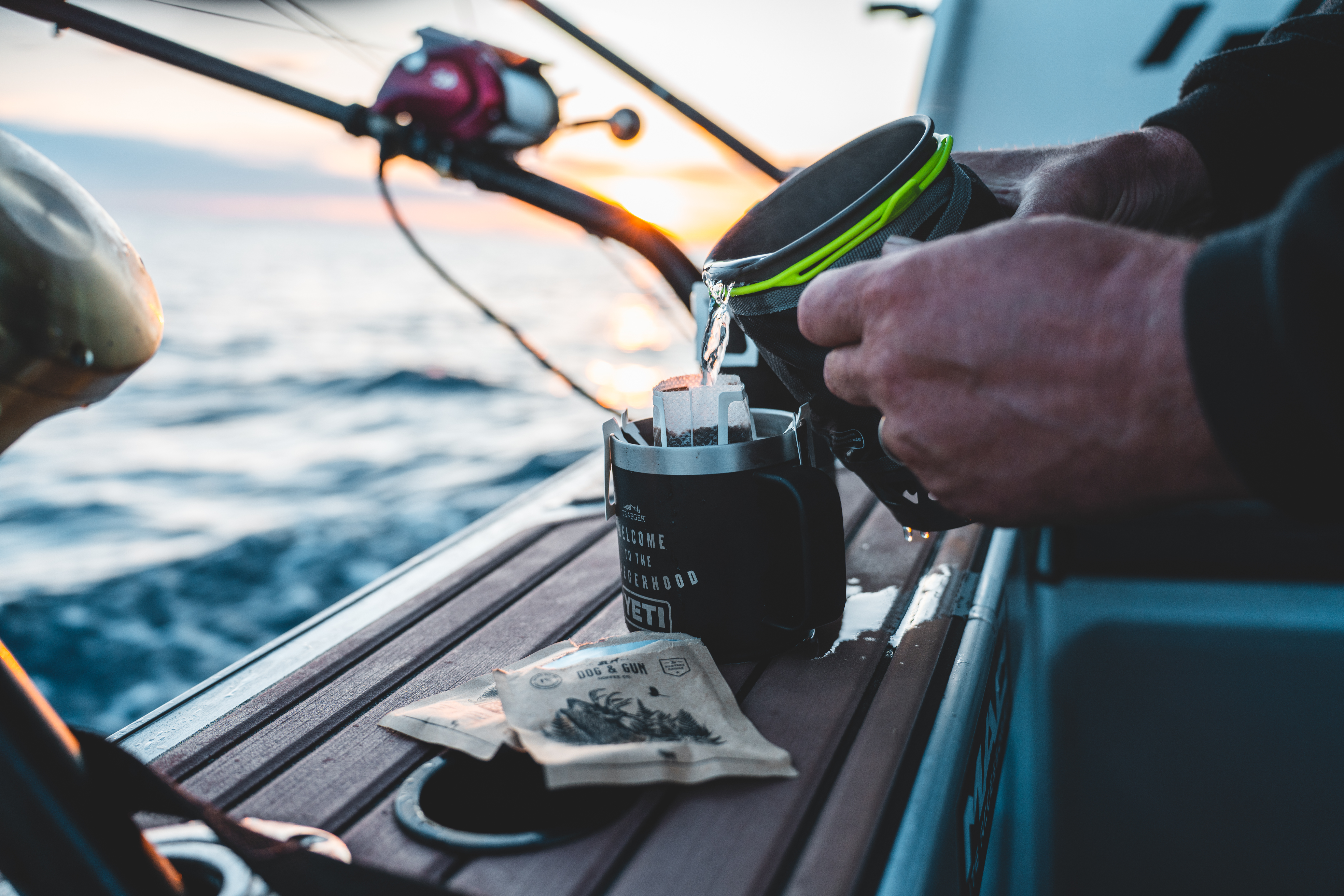 Fishing setup on a boat with SeaDek boat flooring providing traction near the rod holder