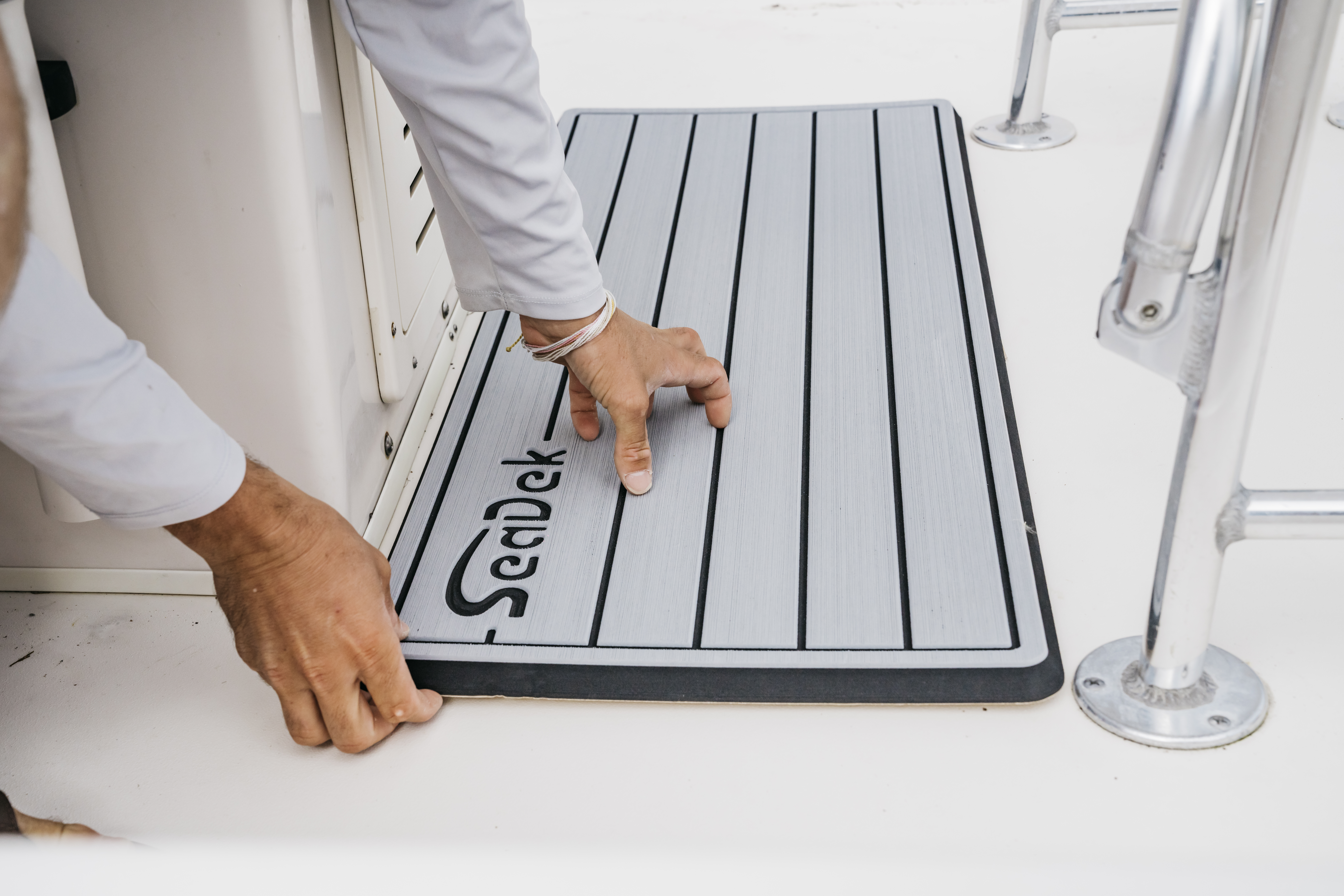 Close up of brushed SeaDek boat flooring texture with routed lines for traction